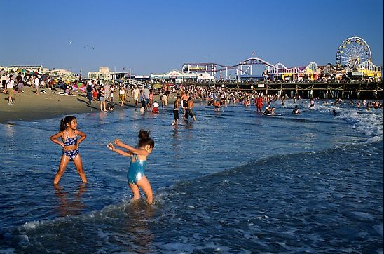 Beach near the pier, late afternoon. Santa Monica, Los Angeles, California, USA